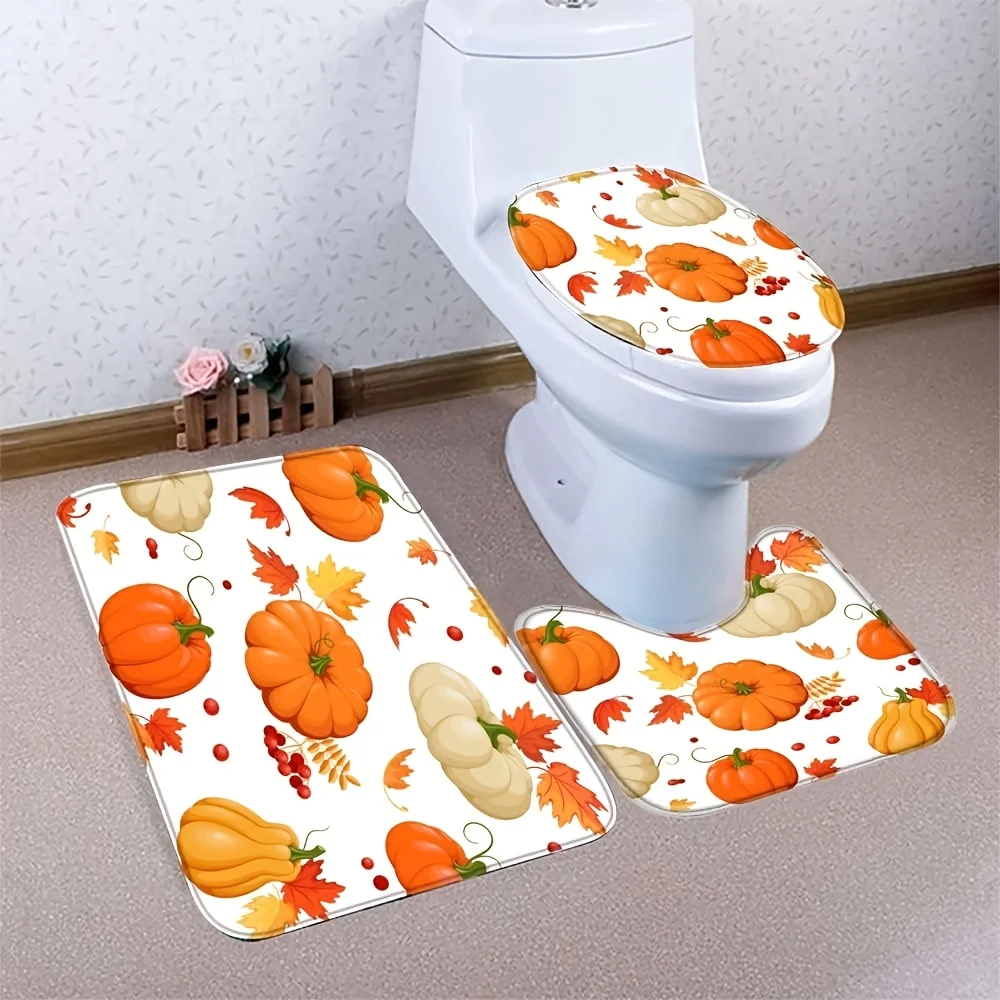 

Cute Autumn Pumpkin Bathroom Rugs Set 3pcs Non Slip Soft Floor Mats for Toilet Sink Bath Home Decor