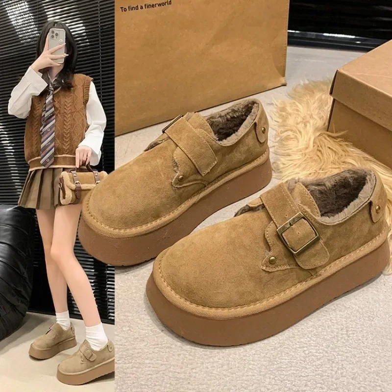 Women Platform Fleece Lined Moccasins Buckle Strap Warm Winter Slip On Shoes