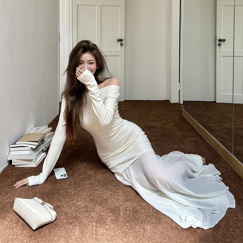 Robe queue de poisson élégante à manches longues pour femmes, jupe cintrée en mousseline de soie, épaules dénudées, tissu Polyester, Style français 2025