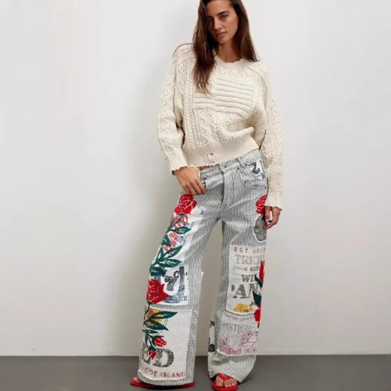 Pantalones rectos sueltos Y2K, ropa de calle Otoño Invierno para mujer, pantalones acampanados con estampado 3D a rayas, pantalones informales coreanos Harajuku de cintura alta