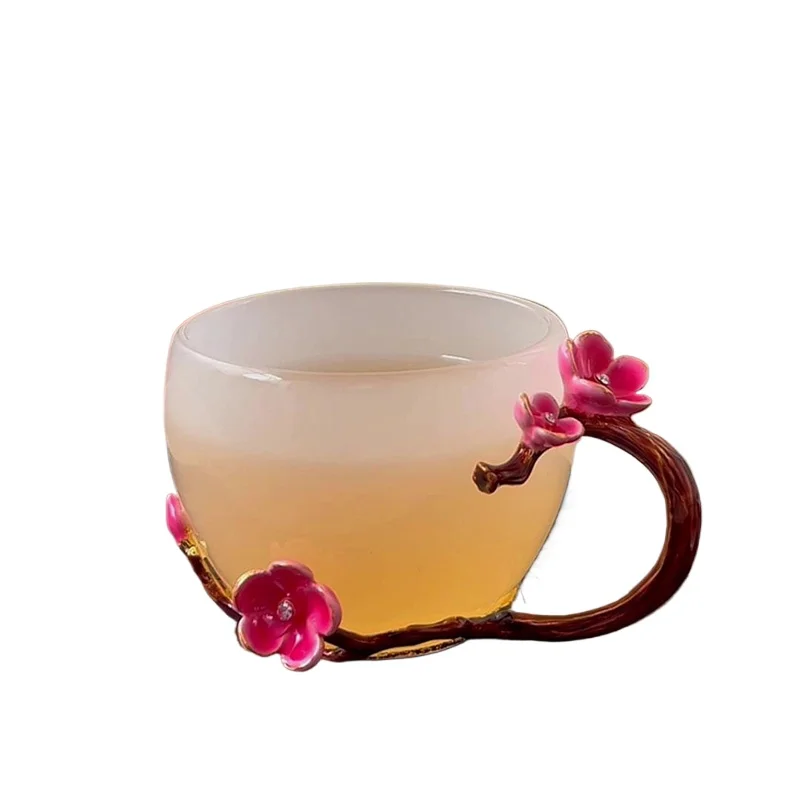 

*Enamel Hand Handle Tea Cup Creative Flower Home Tea Glazed Tea Cup Crystal Glass