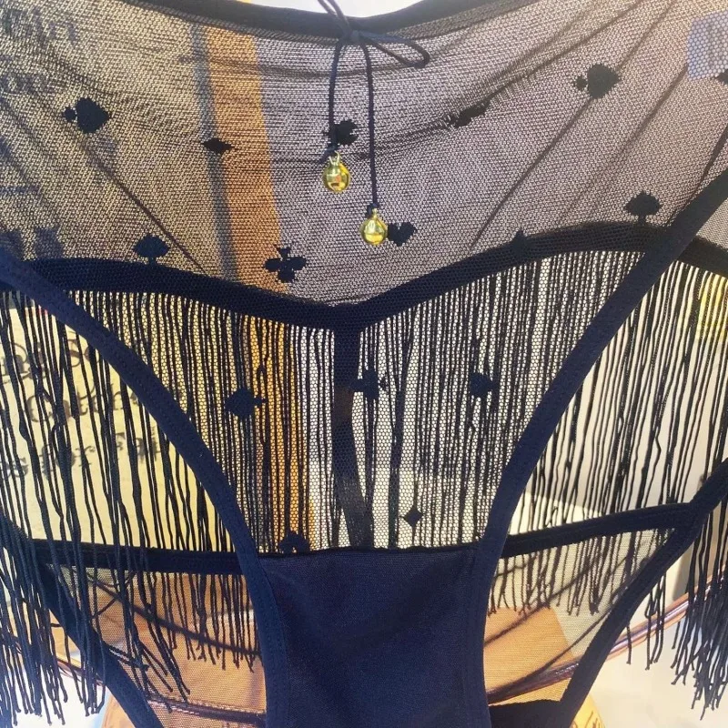 Phantom Tassel, Sexy Lady Lace Temptation Hollowed Out New Large Size Fat MM Panties Breathable Shorts Personality Quick-dry