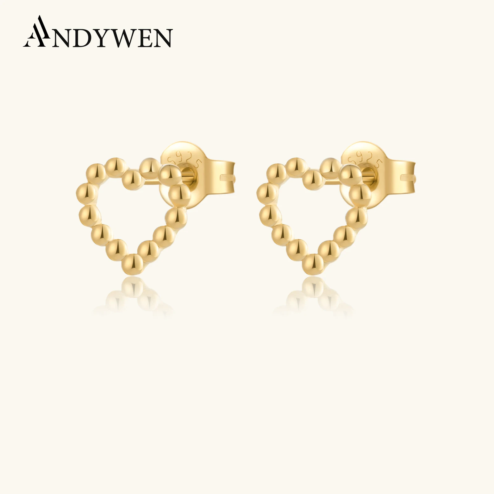 

ANDYWEN 925 Sterling Silver Gold Heart Beads Stud Earring Clips Piercing Pendientes Luxury Fine Jewelry Gift