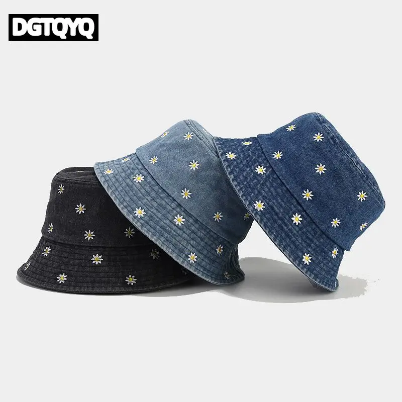2026 New Summer Denim Daisy Flower Embroidery Bucket Hat Fisherman Hat Outdoor Travel Sun Cap for Men and Women