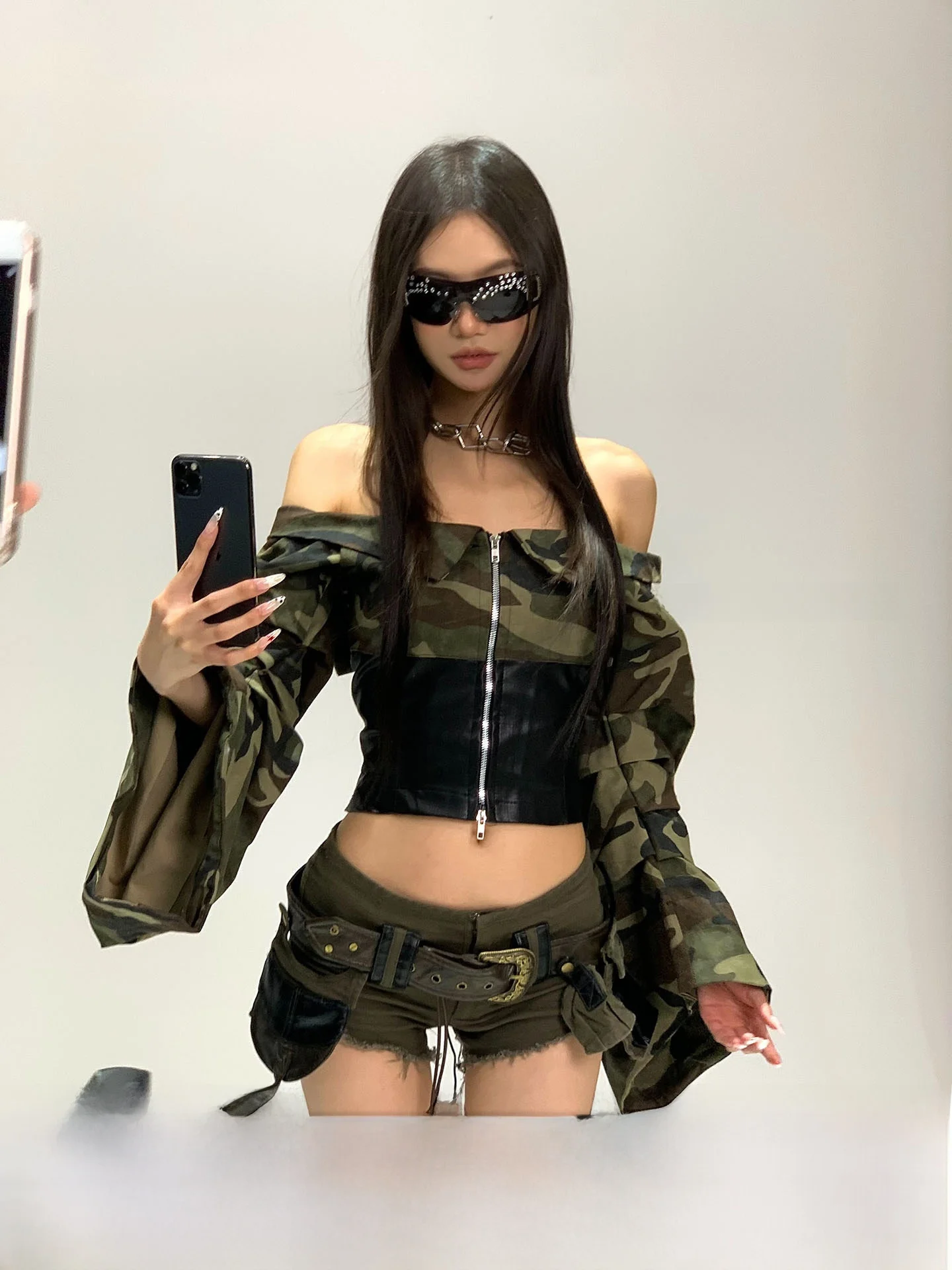 

CCUP SPACE Camouflage Splice Long Sve T-irt Women's Slim Fit Belted Wrap One oulder Top Commute Sle Moisture ng