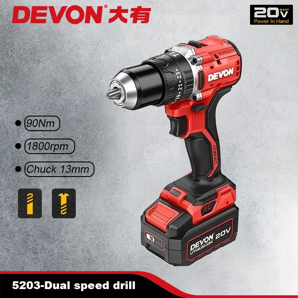 Devon 20v Heavy Duty Cordless Dual Speed Drill Brushless 5203 Max 90Nm 1800rpm Torque Adjustable Universal Flex Battery Platform