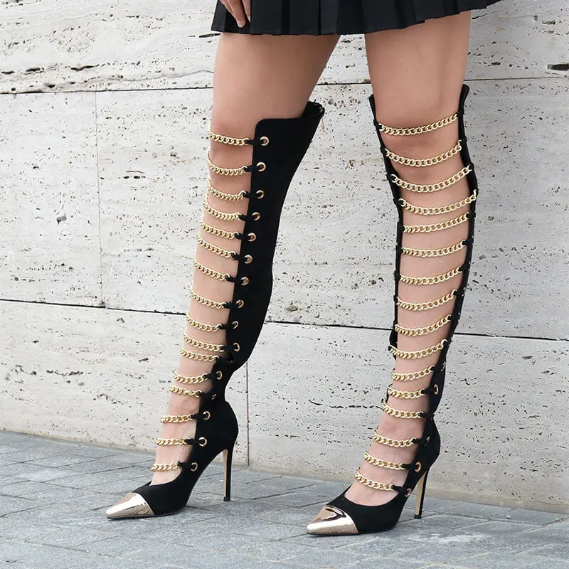 

Onlymaker Women Metal Chain Strappy Long Lace Up Sandals Stiletto High Heels Back Zip Pointed Toe Slip-On Sexy Lady Boots