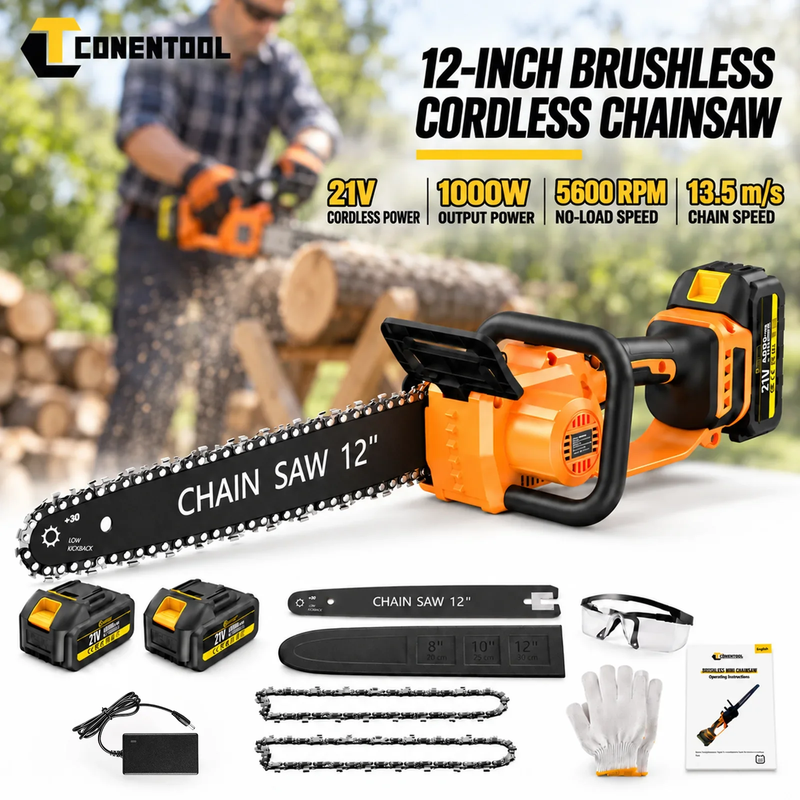 CONENTOOL 21V 12-Zoll-Akku-Kettensäge, bürstenlos, 1000W, 13,5 m/s, 5600 U/min, werkzeuglose Spannungseinstellung, mit 60-ml-Öltank, wiederaufladbarer Akku, Holzschneidwerkzeug für Garten,