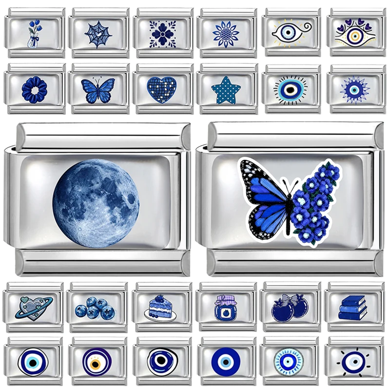 Romantic Blue Moon Flowers Butterfly Devil Eyes Book Italian Charm Links Fit 9mm Bracelet Stainless Steel Women DIY Making Gifts