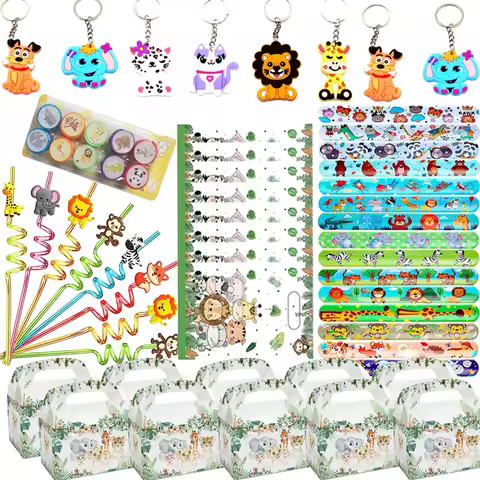 Jungle Safari Party Favors Animals Stickers Keychains Snap Bracelet Kids Birthday for Boys Girls Party Favor Birthday Gifts Toys