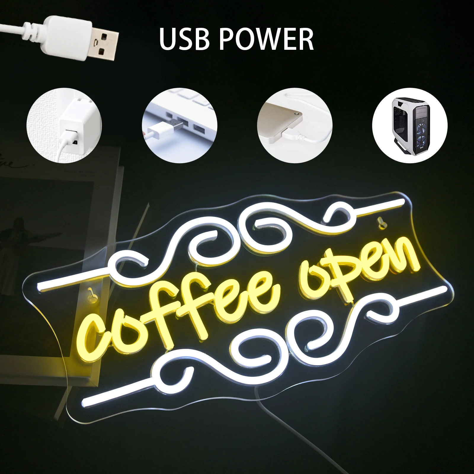 Coffee Open Neon Signs Custom For Coffee Bar Wall Decor Dimmable Letter 5/12V USB Power For Business Shop Art Signs Decor