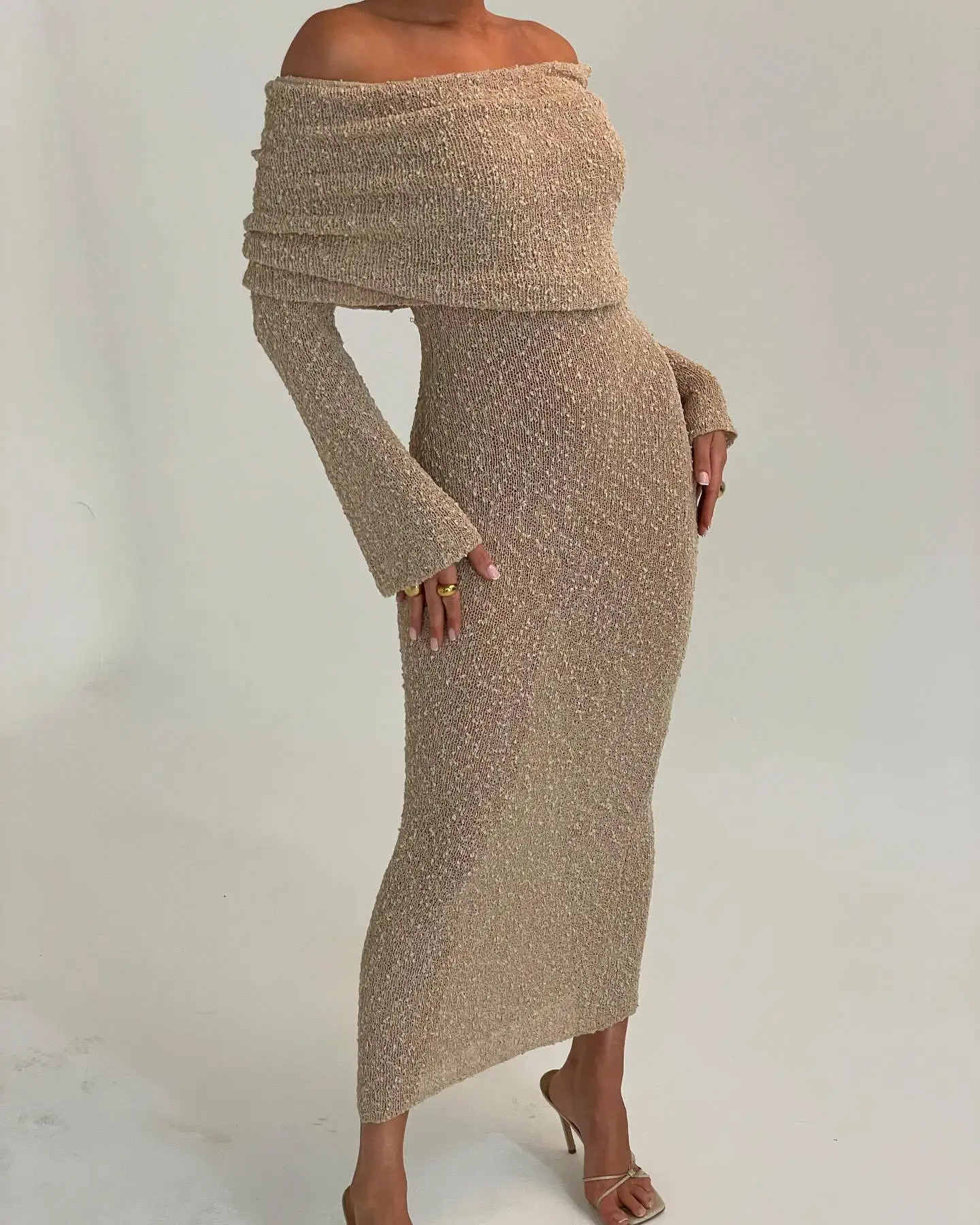 

Knit Off Shoulder Bodycon Dress Women 2024 Spring Summer Elegant Slim Backless Long Sleeve Party Dresses Fashion Lady Beach Robe