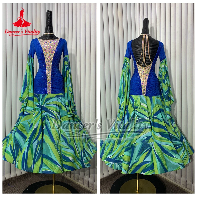 성인 인쇄 쉬폰 호른 슬리브 표준 사회 댄스 대회 여성 왈츠 폭스트롯 의류 맞춤형 빅 스윙 드레스