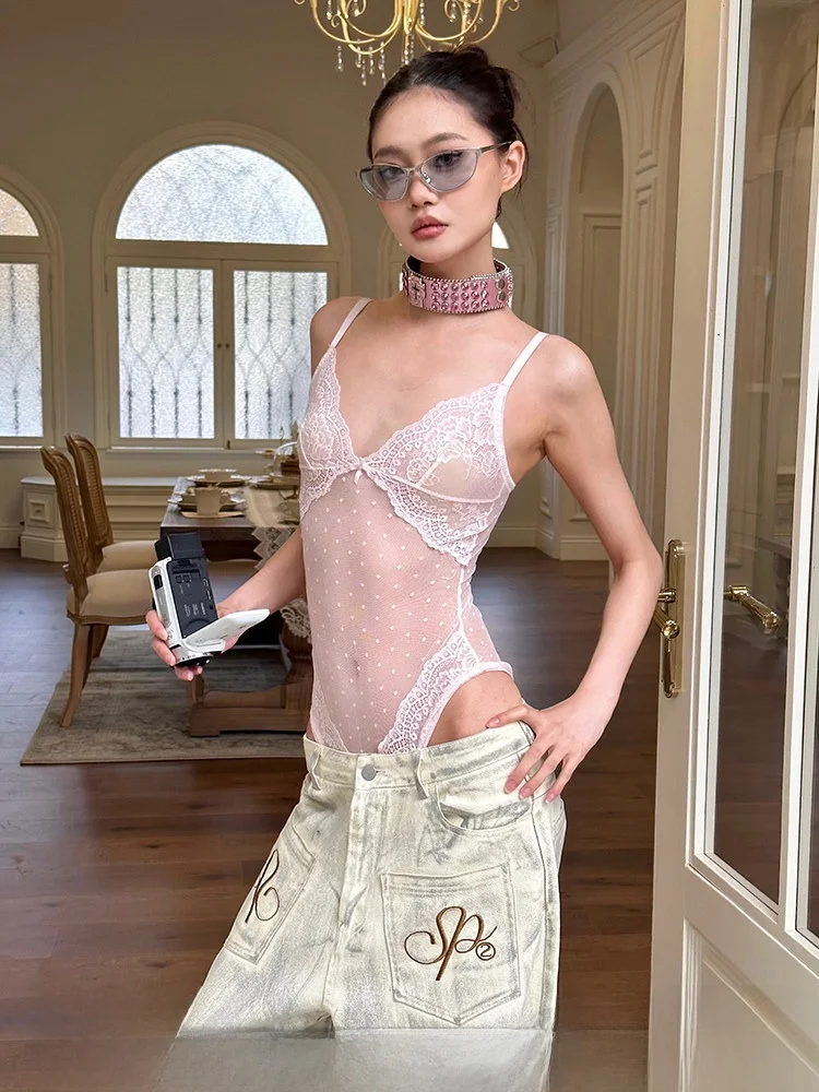 

Sexy White Lace Crop Top Women's Tight Polka Dot See tough Strap Onesie High Waist ort Pants Summer 2025 Ladies' Faion