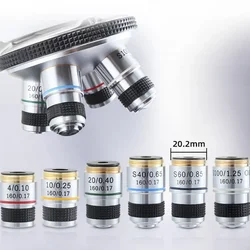 Microscopio acromático con lente de objetivo para laboratorio, dispositivo biológico con alcance de 185, 4X, 10X, 20X, 40X, 60X, 100X