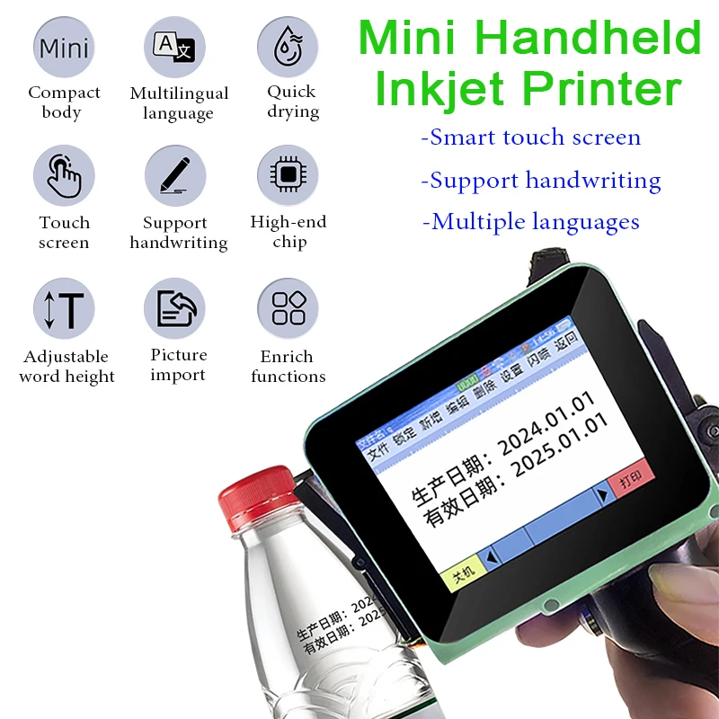 

Portable Handheld Inkjet Printer with Black Quick-Drying Ink Cartridges for QR Bar Batch Code Smart Touchscreen Inkjet Printer