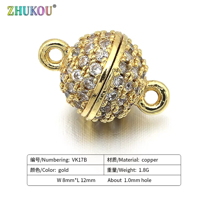 8x12mm AAA CZ Ball Magnetic Clasp Gold Plated Brass Round Pave Magnet Closure 1mm Hole with Loops for DIY Jewelry Making:VK17
