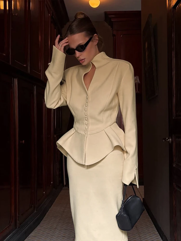 

Kliou одинаковый комплект из 2 предметов с рюшами, осенний женский классический однобортный топ с длинными рукавами и воротником-стойкой + юбки-миди на бедрах