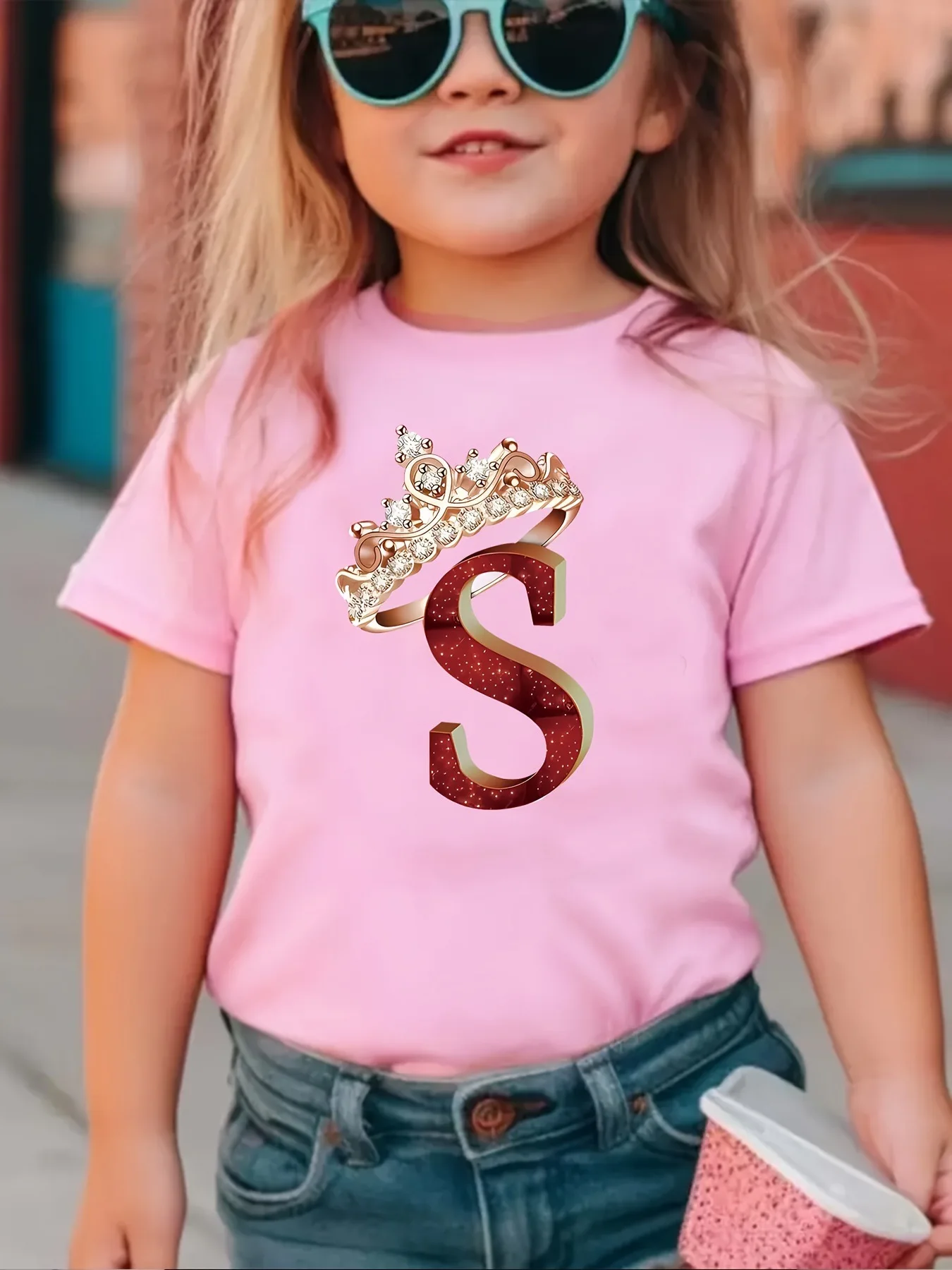 Hot Sale  New Girls Princess Crown S pattern printed round neck short-sleeved T-shirt casual summer wear