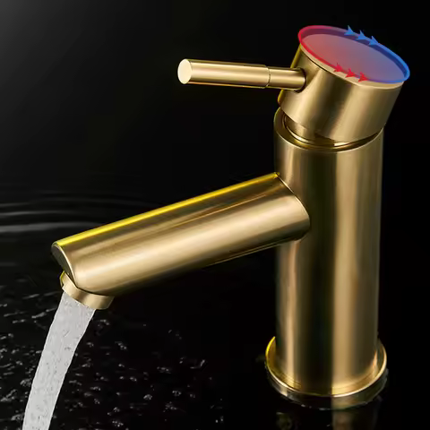 Brushed Gold Stainless Steel Bathroom Faucet - Modern 2-Hole Deck Mount Basin Mixer Tap with Hot/Cold Water Control