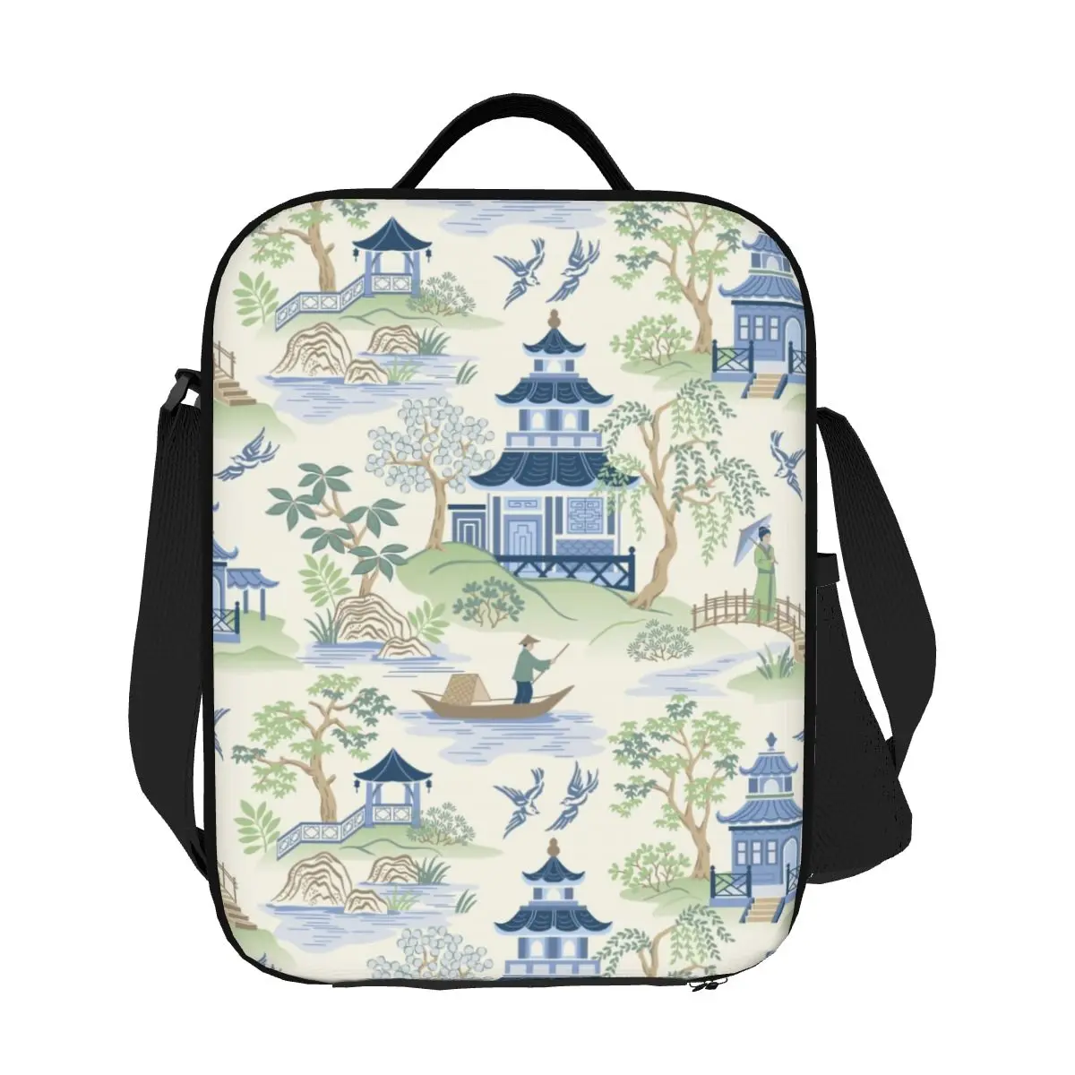 

Vintage Chinoiserie Willow Pagoda Insulated Lunch Tote Bag Women Oriental Style Landscape Resuable Thermal Cooler Food Bento Box