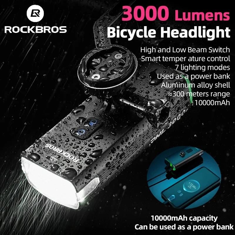 ROCKBROS 3000 Lumens Front Bicycle Light 10000mAh Power Bank Brightness Bike Light Road MTB Handlebar Headlight Bike Accessories