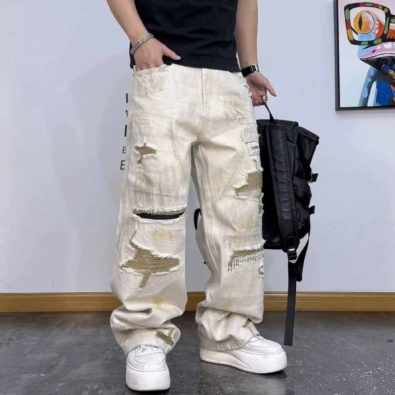 New Spring/Autumn Fashion Trendy American Style Straight Leg Stretch Ripped Jeans Men's Casual Loose Fit Sports Plus Size Jeans
