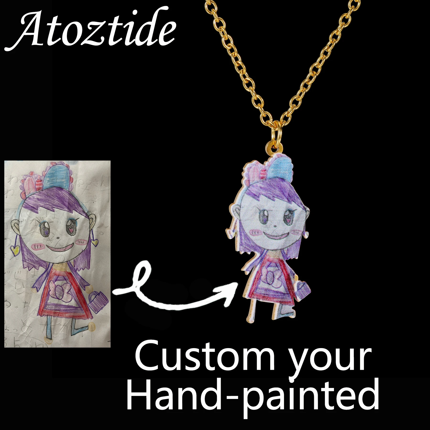 Atoztide Custom Kids Drawing Necklace for Women UV Printing Logo Artwork Choker Chain Stainless Steel Jewelry Personalized Gift