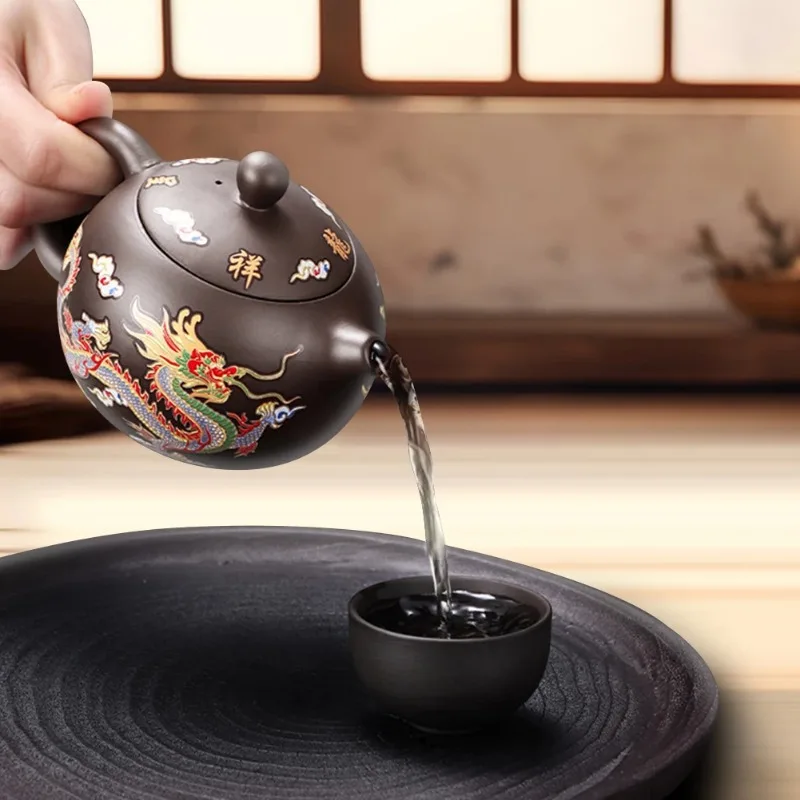 Hand-made Dragons Phoenixs Color-changing Purple Clay Teapot Reusable Tea Pot For Brewings Tea Cup Infuser Teapot Valuable Gift