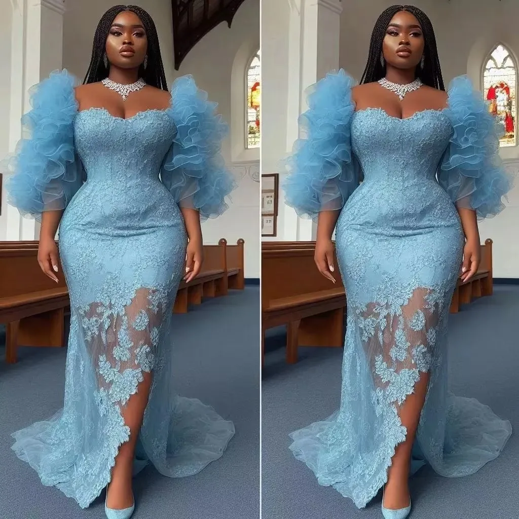 2025 Popular Blue Lace African Evening Dresses 3 Options Aso Ebi Wedding Party Dress Bridesmaid Gown Black Women Formal Dress