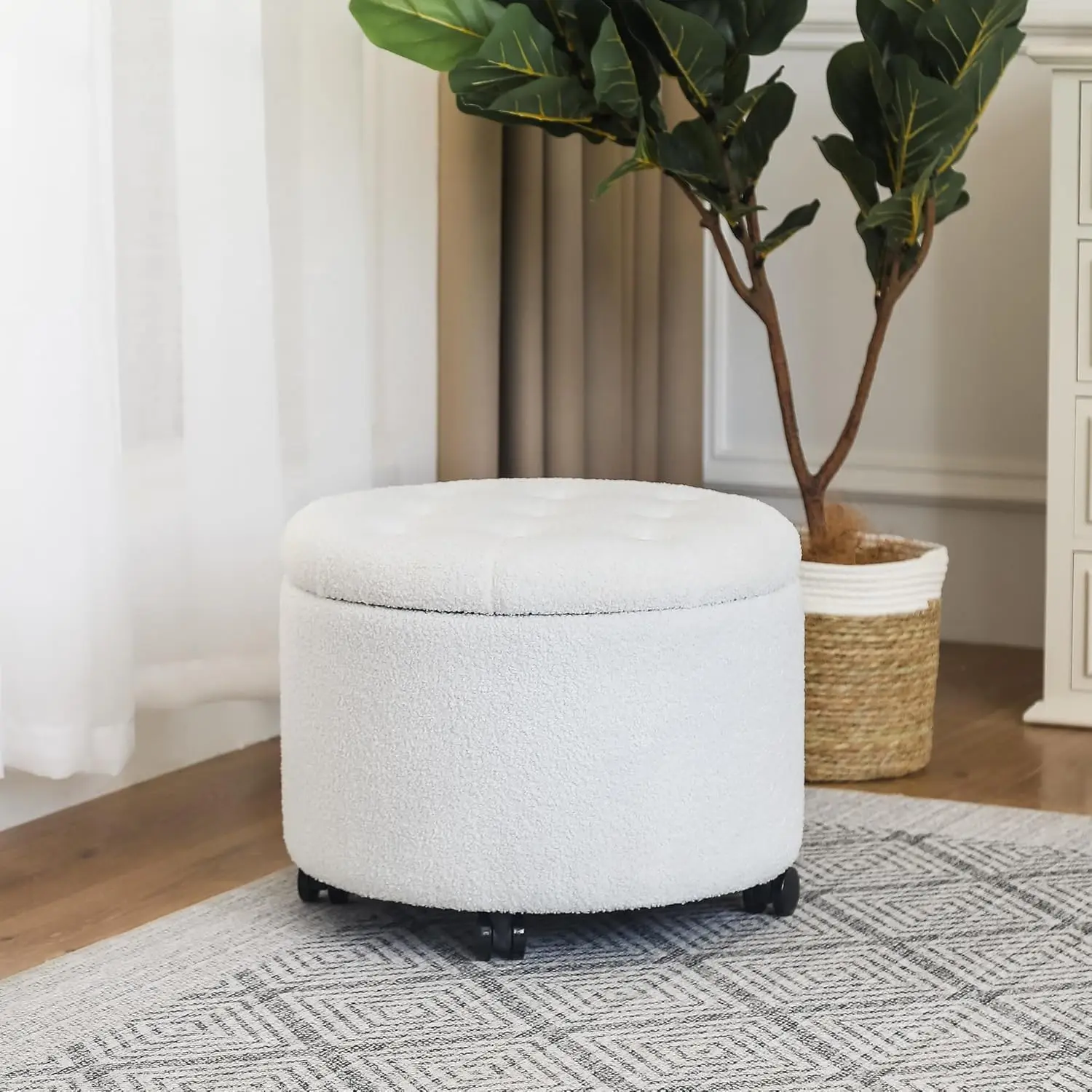 Round Storage Ottoman with Casters, Teddy Velvet Button Tufted Foot Rest Stool for Living Room Bedroom Dorm, White