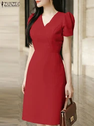 ZANZEA Elegant Women V Neck Short Sleeve OL Work Dress 2024 Summer Sundress Casual Party Knee-length Robe Femme Club Vestidos