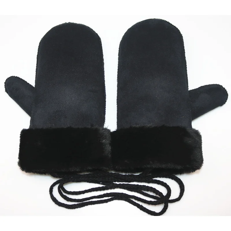 Faux Fur Integrated Gloves for Men and Women Warm Mitts Thick Winter Soft Outdoor Cold-Proof Suede Leather Hanging Neck Gloves