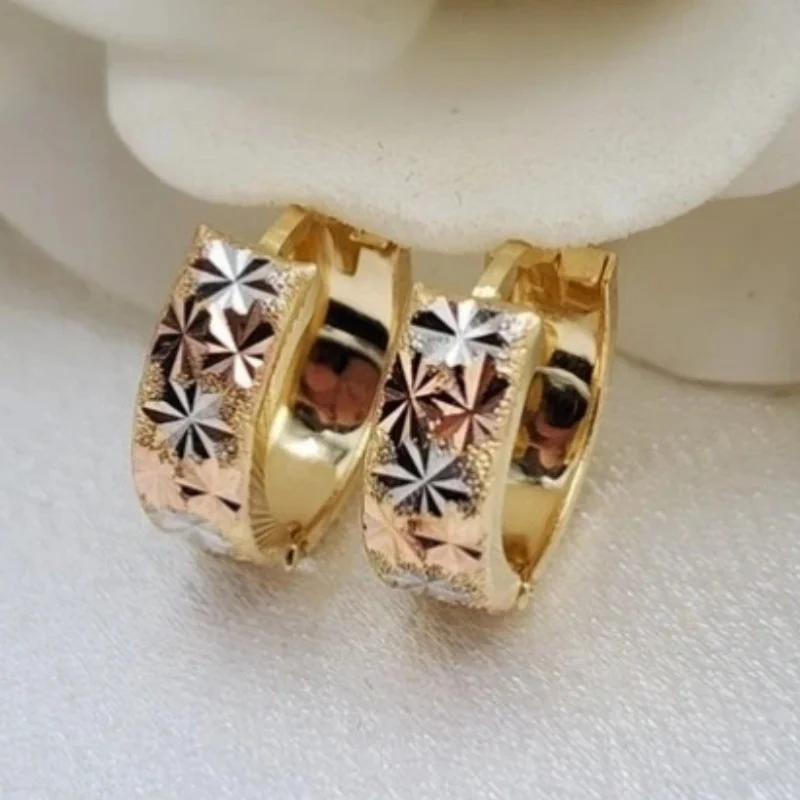 Elegant Bohemian Style Golden Plated Cut Textured Hoop Earrings for Women's Vintage Fashion Design Festival Jewelry Accessories