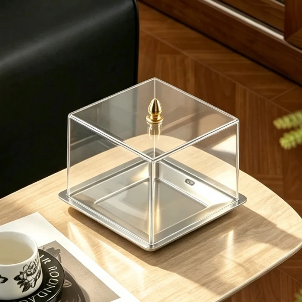 Square Acrylic Cake Dome with Metal Base Gold Knob Clear Dessert Display Cover Food Storage Box for Wedding Party Table Decor
