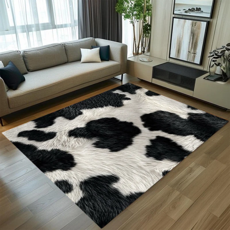 Boho Cow Print Rug Black White Animal Skin Pattern Carpet for Living Room Bedroom Kids Room Home Decor Anti-slip Indoor Use
