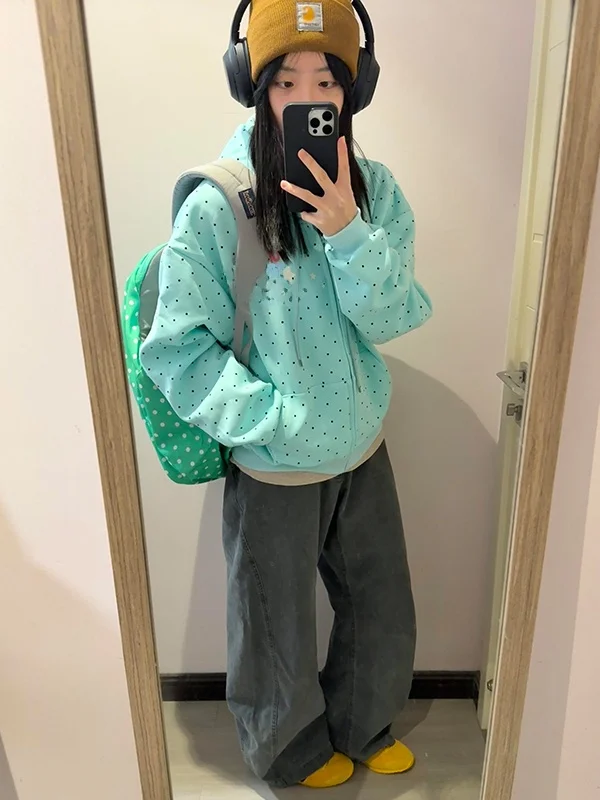 

Retro American Blue Polka Dot Hoodie Women's Early Spring Loose Design Casual Versatile Open Cardigan Outerwear