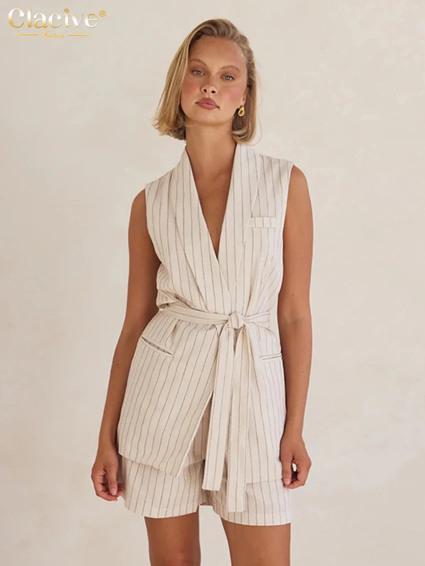 

Clacive Summer Loose Stripe Print Shorts Set 2 Piece Woman 2025 Fashion Sleeveless Tank Top With High Waist Shorts Set Female
