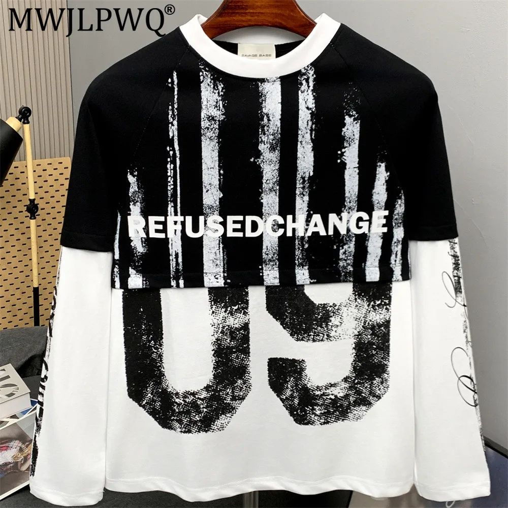 MWJLPWQ Fake Two-Piece Color-Blocked Long-Sleeve T-Shirt For Men Hip-Hop Trendy Letter Distressed Print Round Neck Top Ins 20469