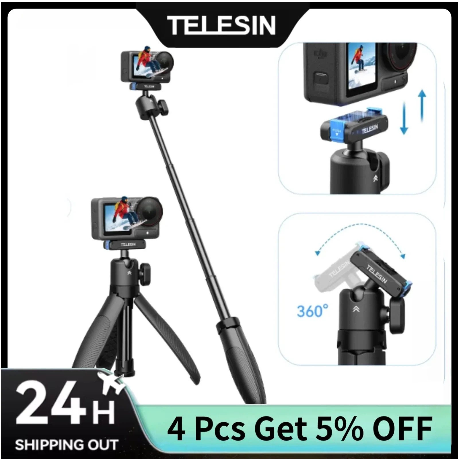 

TELESIN 360° Ball Head Mini Selfie Stick Tripod for DJI OSMO Action 5 Pro 4 3 Accessories Quick-Release Portable Selfie stick