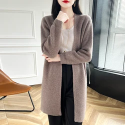 Cardigan lavorato a maglia da donna medio a lungo 100% pura lana senza bottoni, giacca maglione alla moda per Top scialle autunno inverno