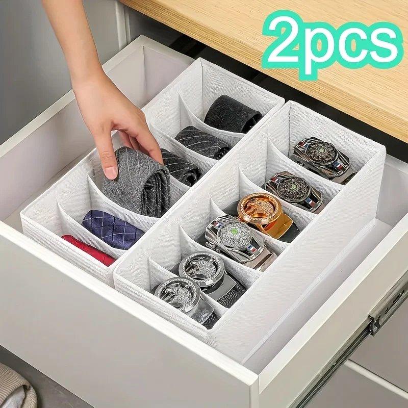 Organizador de cinto de tecido dobrável de 2 pacotes, gaveta de 6 grades e caixa de armazenamento de armário para laços, roupas, organizador de pano branco, economizador de espaço
