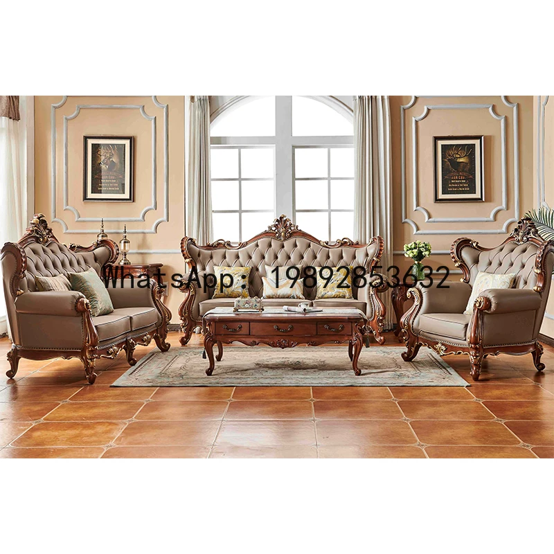 XL American Style Solid Wood Single Double Triple Leather Vintage Living Room Carved European Style Sofa Set