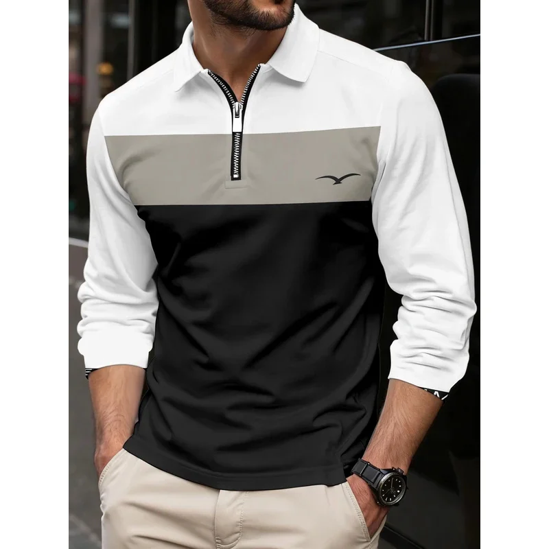Polo graphic horizontal striped men's autumn and winter long-sleeved shirt Polo sporty casual daily use printed breathable butto