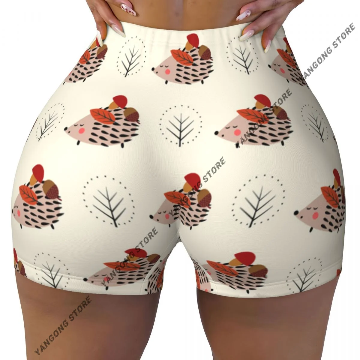 Yoga Shorts Cute Hedgehog With Mushroom Acorn And Tree Pattern Women Biker Tight Elastic Workout Sports Leggings Sportswear