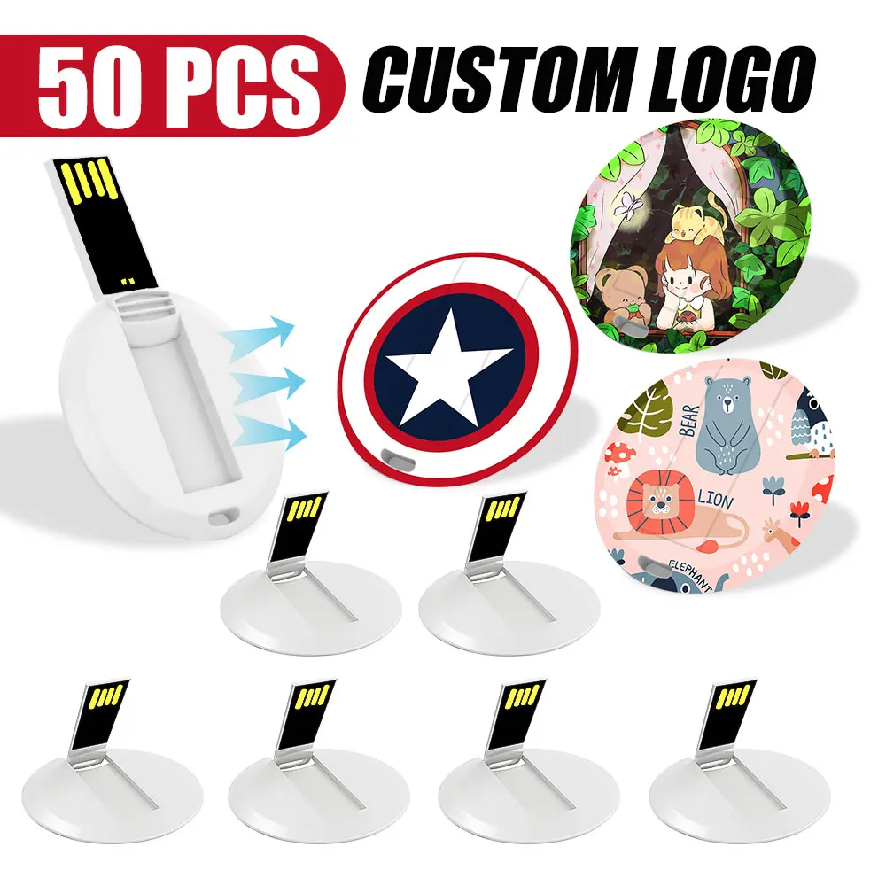 

50PCS/LOT Mini Round Card USB Flash Drive 2GB 4GB 8GB 16GB 32GB Usb Card Flash Drive Customize Print Colorful Logo For Gift