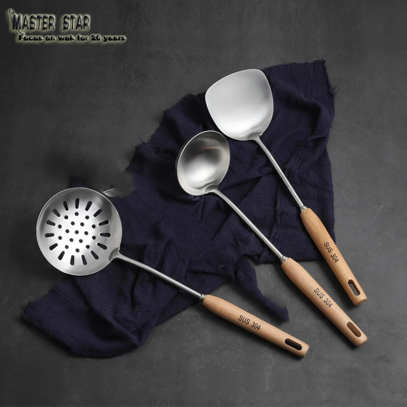 

Mater Star Stainless Steel Chino For Wok Cooking Tools Shovel Spoon Anti-scalding Beech Handle Kitchen Cookware Part 3pcs/set