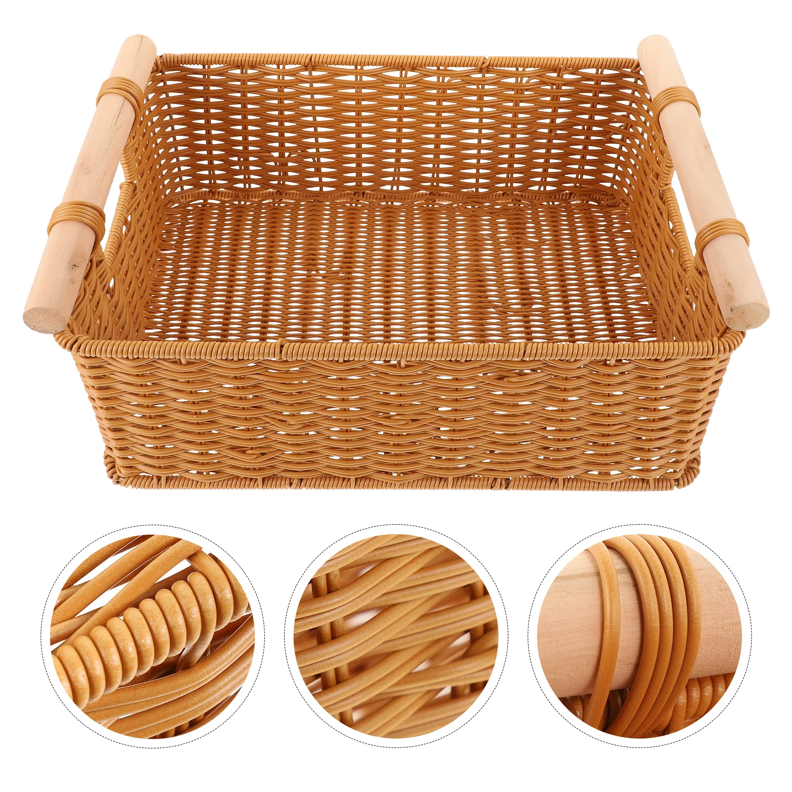 

1pc Rustic Woven Home Plastic Use Handle Shallow Large Storage Basket Brown Large Capacity Home Storage Basket Use