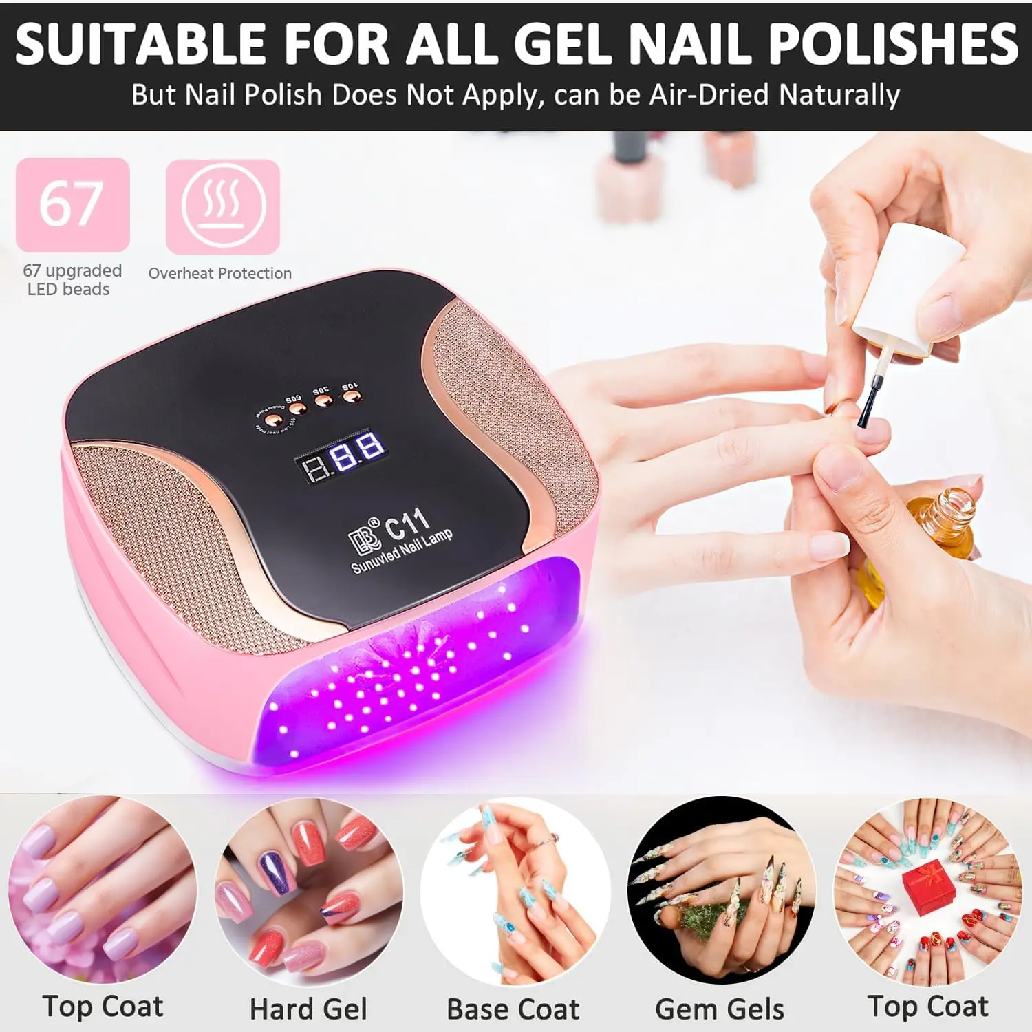67 مصباح أظافر بالأشعة فوق البنفسجية ثنائي اللون LED، مجفف جل بمستشعر تلقائي مع 4 مؤقتات، قاعدة قابلة للطي (وردي) #6
