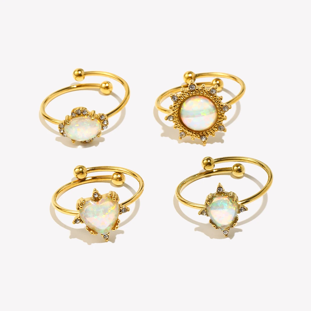 E.B.belle Adjustable Rings For Women Stainless Steel Gold Plated White Natural Opal Stone Rings For Party Wedding Ring
